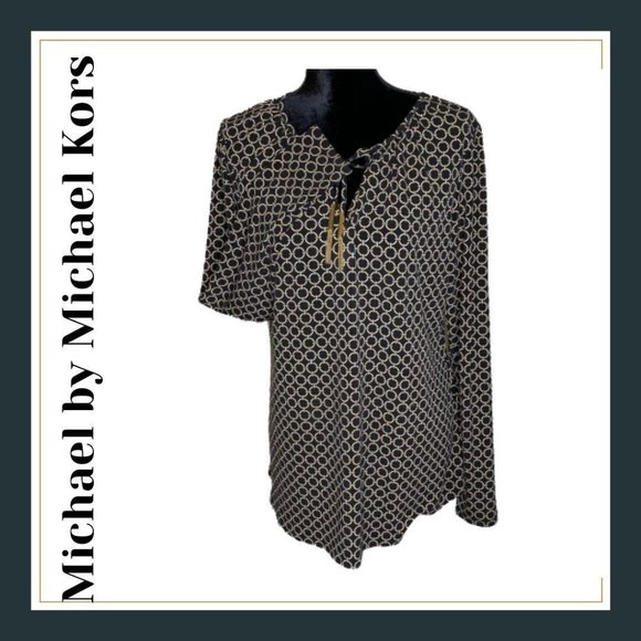 Michael by Michael Kors Blouse Womens Large Geometric Peasant Top Black Tan - Picture 1 of 14
